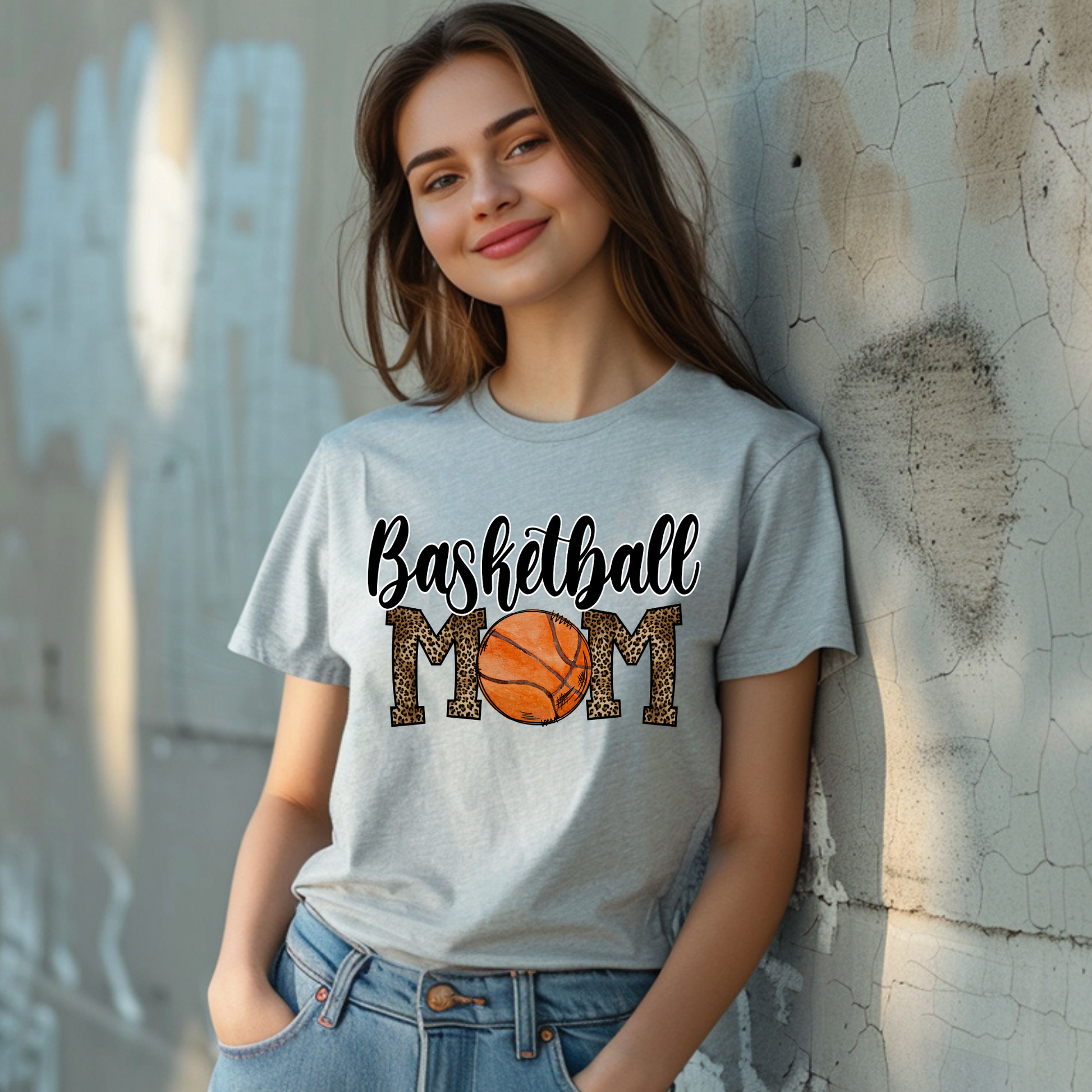 Basketball mom leopard print lettering shirt