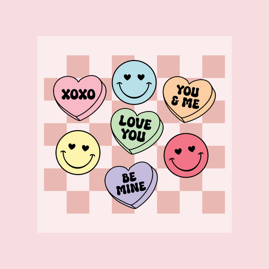 Retro Valentine Candy Hearts & Smiley Faces DTF Transfer