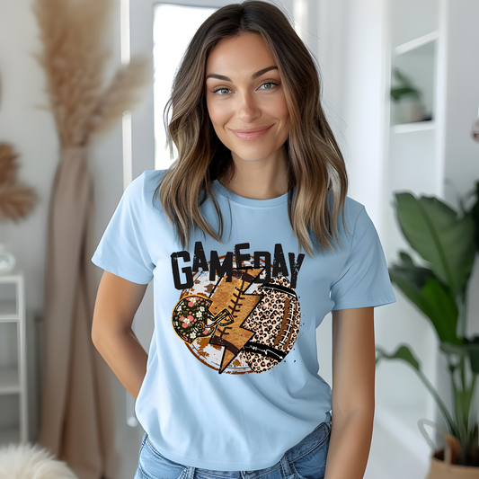 Game day leopard print football and flower print helmet shirt