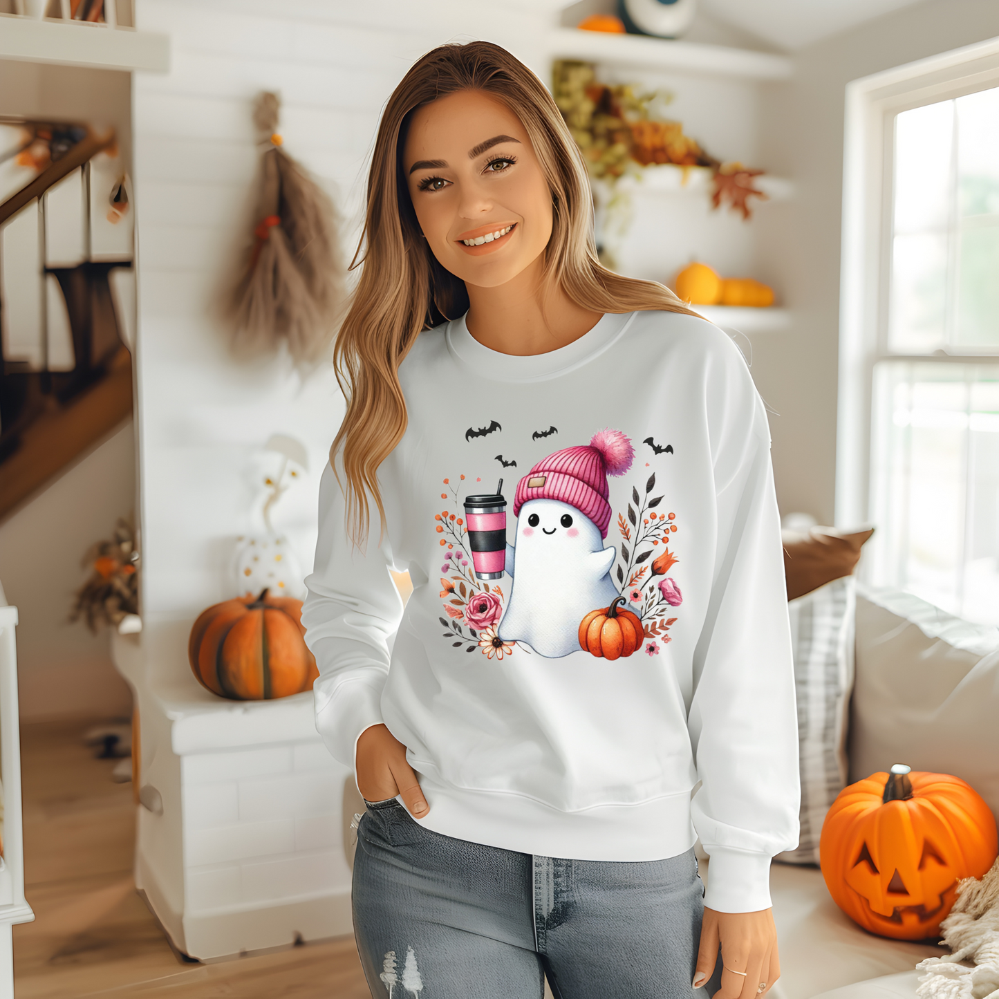 Ghost With A Pink Beanie And Coffee T-Shirt| Long Sleeve| Sweatshirt