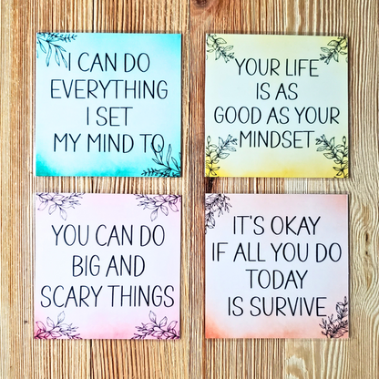 Mental health reminders in turquoise, yellow, pink, orange