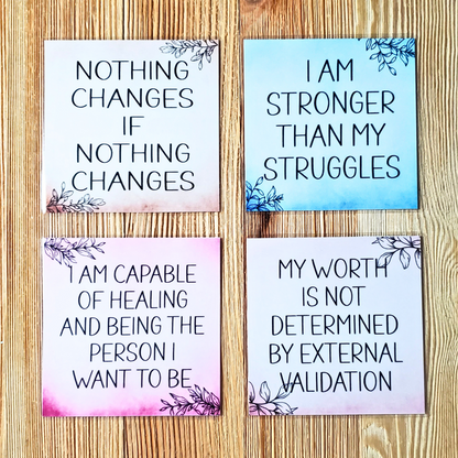 Mental health reminders in brown, blue, pink, maroon