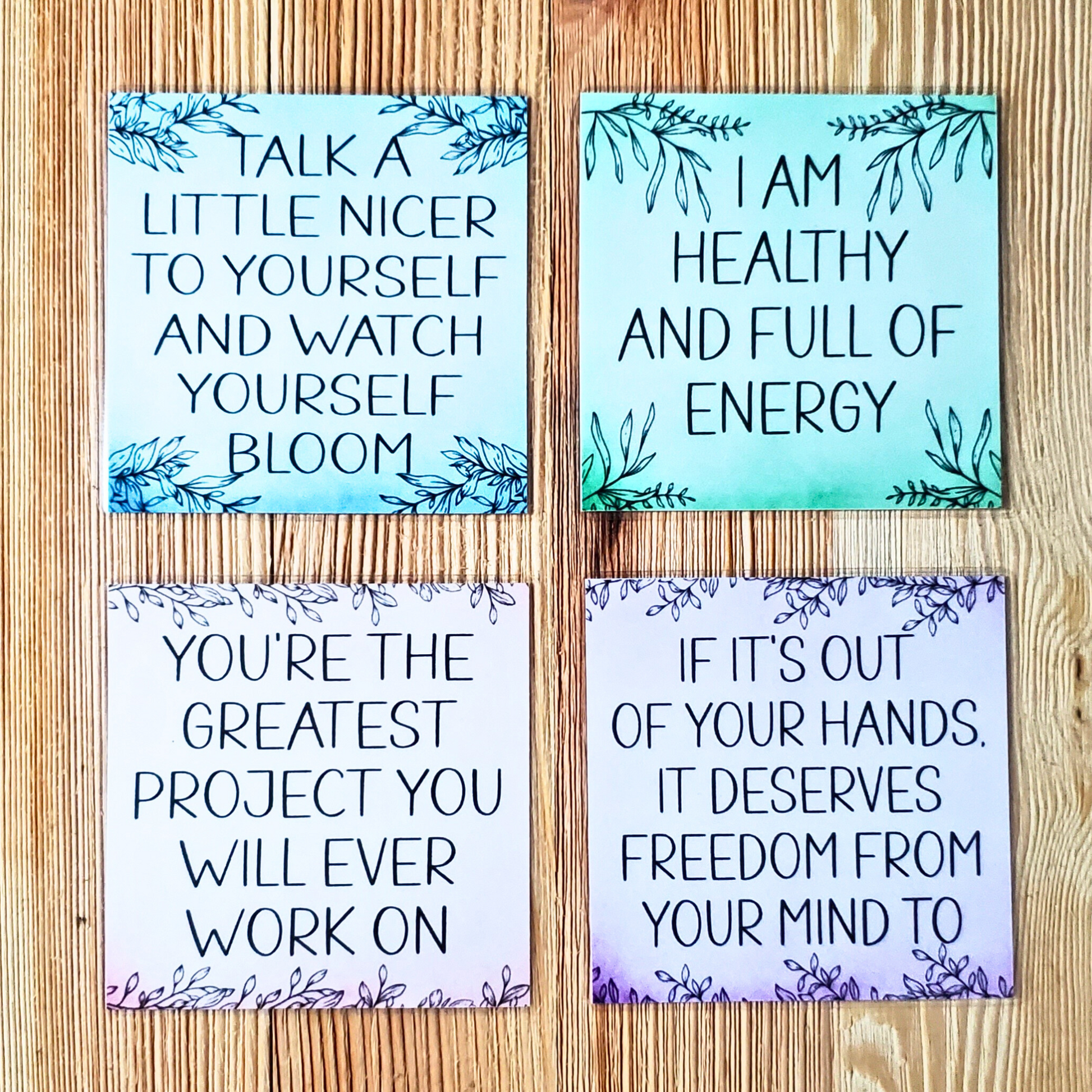 Mental health reminders in blue, green, pink, purple