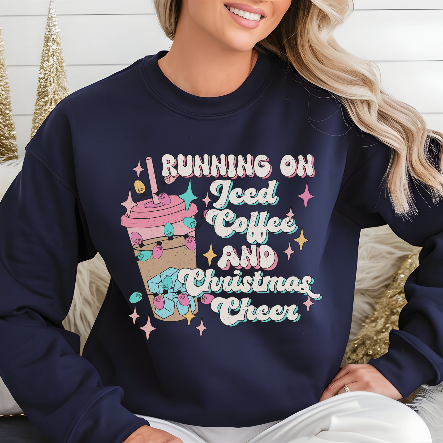 Running on iced coffee and Christmas cheer t-shirt, long sleeve, sweatshirt, or hoodie