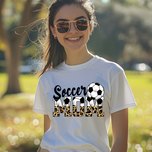 Soccer mom with leopard print lettering shirt